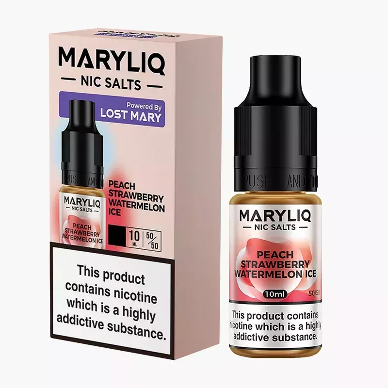 Maryliq Peach Strawberry Watermelon Ice 10 ml nikotínová soľ e-liquid škatuľka – príchuť chladivá broskyňa, jahoda a melón