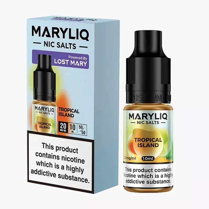 Maryliq Tropical Island 10 ml nikotínová soľ e-liquid škatuľka – príchuť tropický ovocný mix